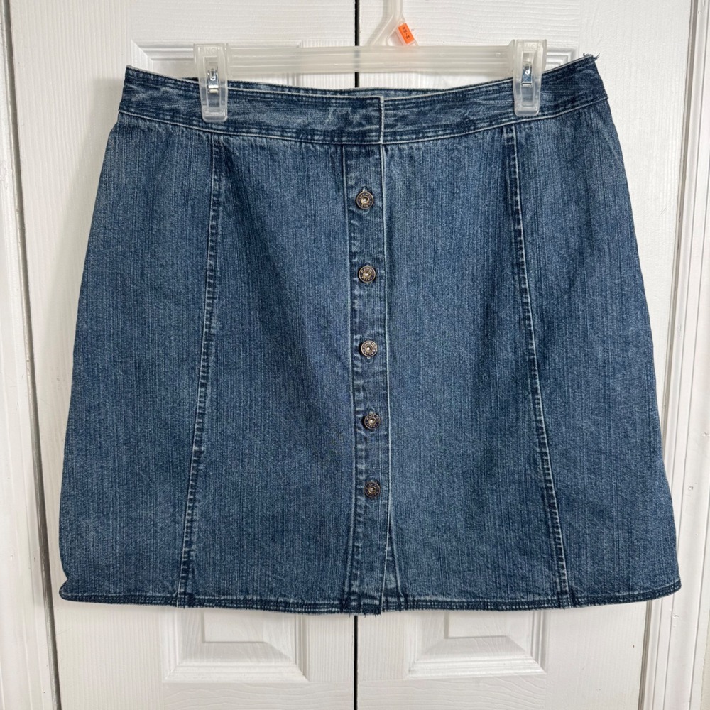 Kate Hill Denim Button Front Mini Skirt 12P Blue A-Line Y2K Cottagecore Casual